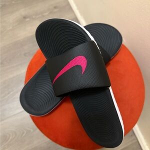 Nike Black and Pink Slide Sandals